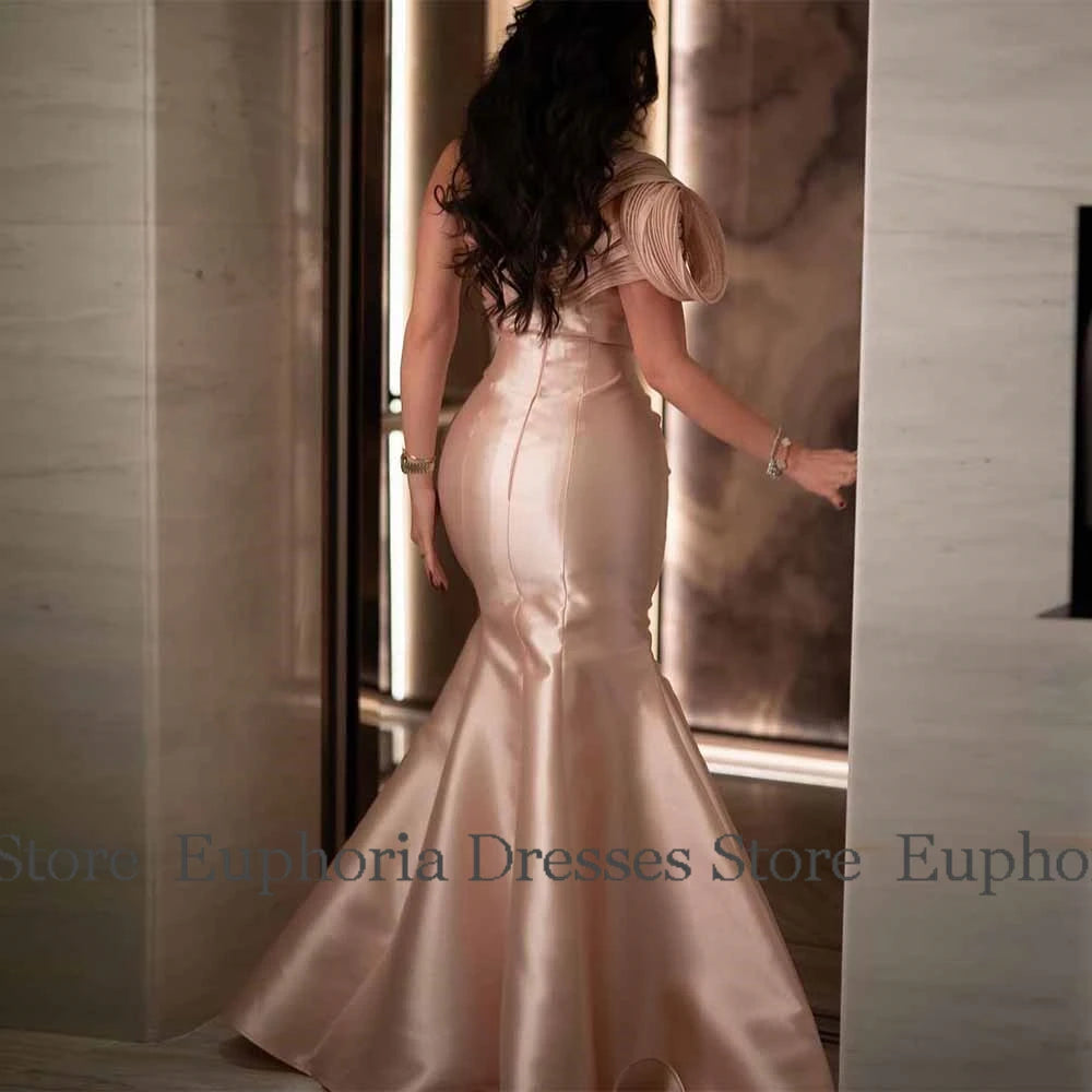 Saudi Arabia Prom Dresses for Ladies Satin Mermaid/Trumpet Bridal Dress Pink One-shoulder Pleat Ruffles Ruched Party Dress Long