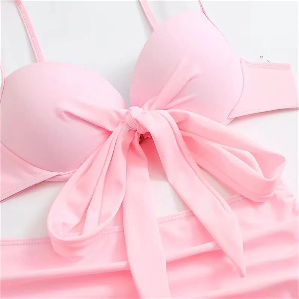 Cute Pink Ruched Swimwear Push Up Bandage Bikini Thong Pleated Swimsuit 3 Piece Women's Skirt Beach Outfits Bikinis Bathing Suit