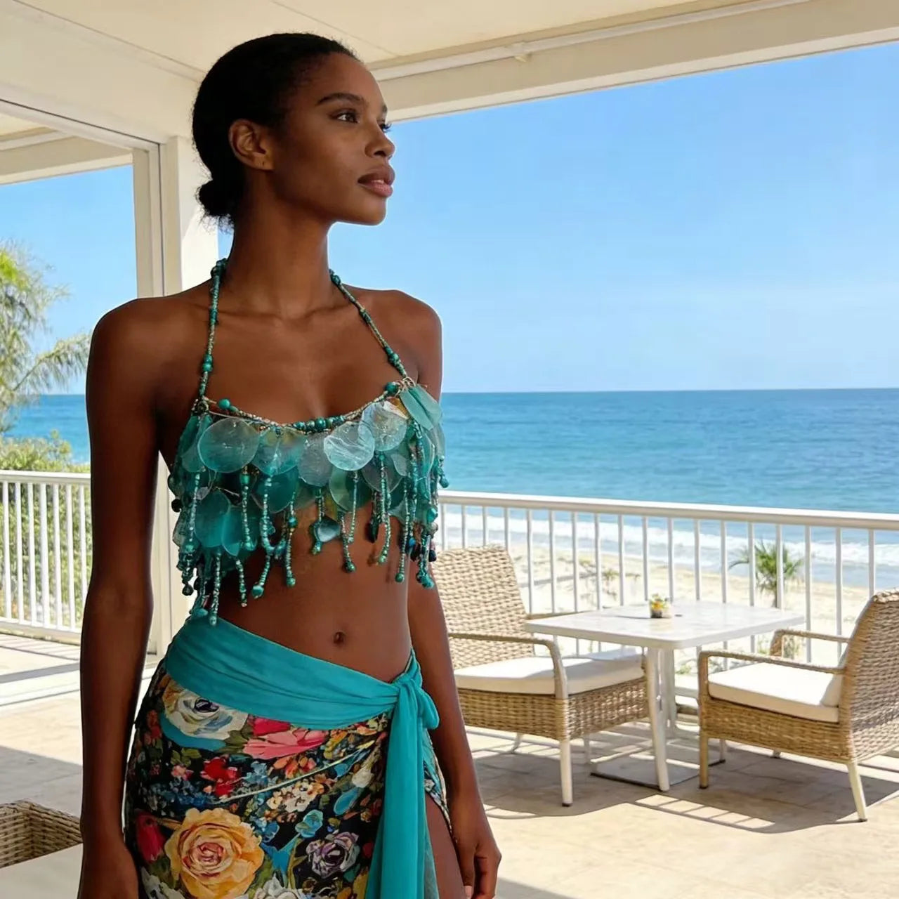 Handmade Sparkly Bohemian Mermaid Shell Beaded Halter Top Women Summer Beach Party Vacation Rave Outfit Sequins Beaded Bra Tops