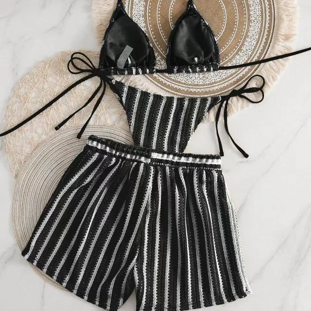 Fashion Stripes 3 in 1 Swimwear Set Lace Up Slim Fit Bikini Bathing Suit Deep-V Sleeveless Knitting Swimsuit Vacation
