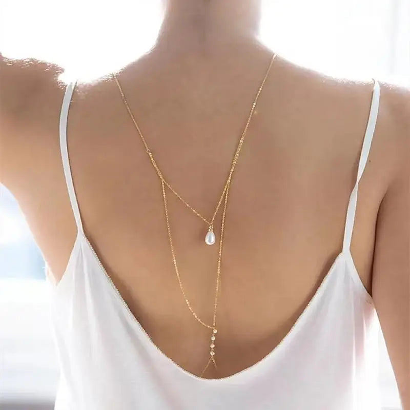 Simple Multilayer Pearl Back Drop Chain Necklace Women Fashion Metal Long Backless Body Chain Bride Wedding Jewelry Accessories
