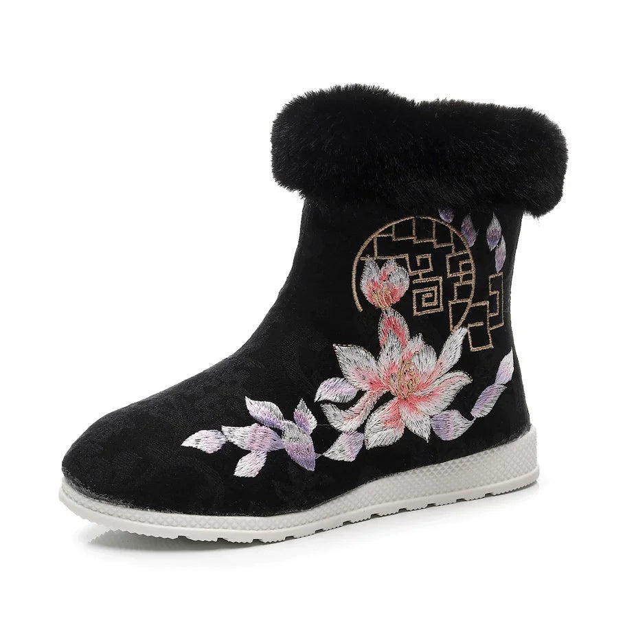 Winter Fashion Shoes Embroidered Fur Boots For Woman Bota Ancient Costume Botines Para Mujeres Hanfu Women's Boots Botas Mujer