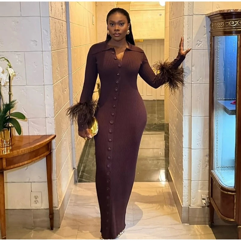 Sexy Knitted Fur Long Party Dress Women Solid Patchwork Full Sleeve V-neck Single Breasted Slim Dresses 2025 Fashion Evening Rob