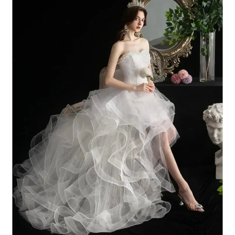 New Front Short Long Back Strapless Wedding Dress Sweet Bride Dress