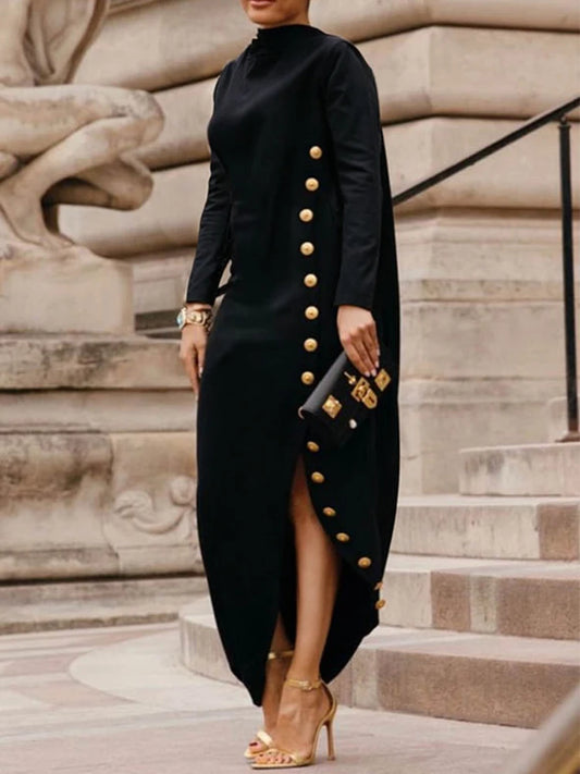 Women Autumn Shawl Collar Evening Maxi Dresses 2025 New Fashion Buttoned Split-Side Long Sleeves Elegant Office Dress