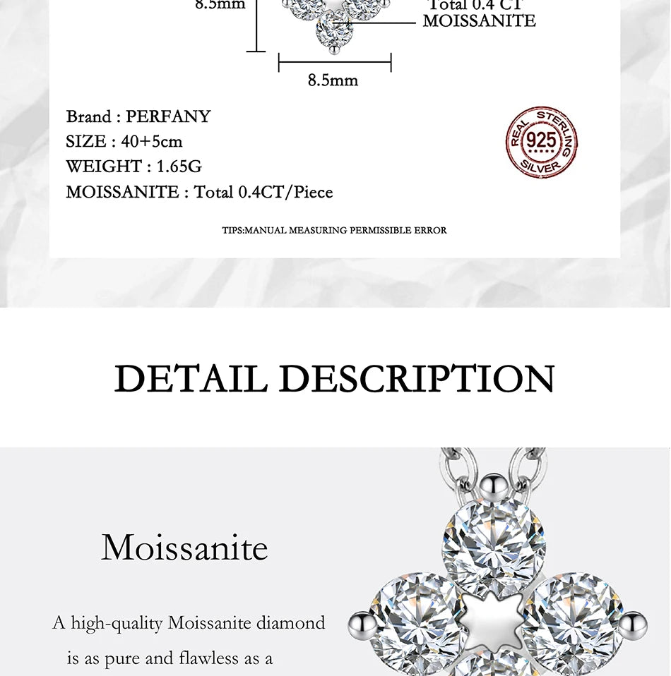 PERFANY All Moissanite Necklace for Women S925 Pure Silver Classic Clover Laboratory Diamond Pendant Fashion Jewelry