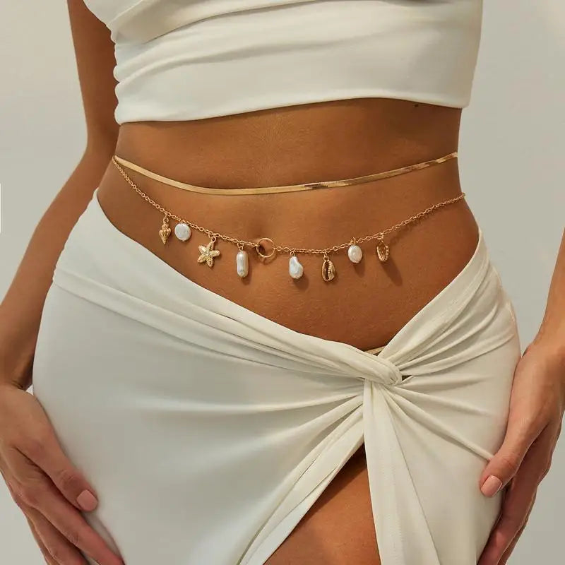 Pearl Belly Chain for Women Boho Waist Chains Sexy Summer Beach Jewelry for Swimsuit Body Accessory