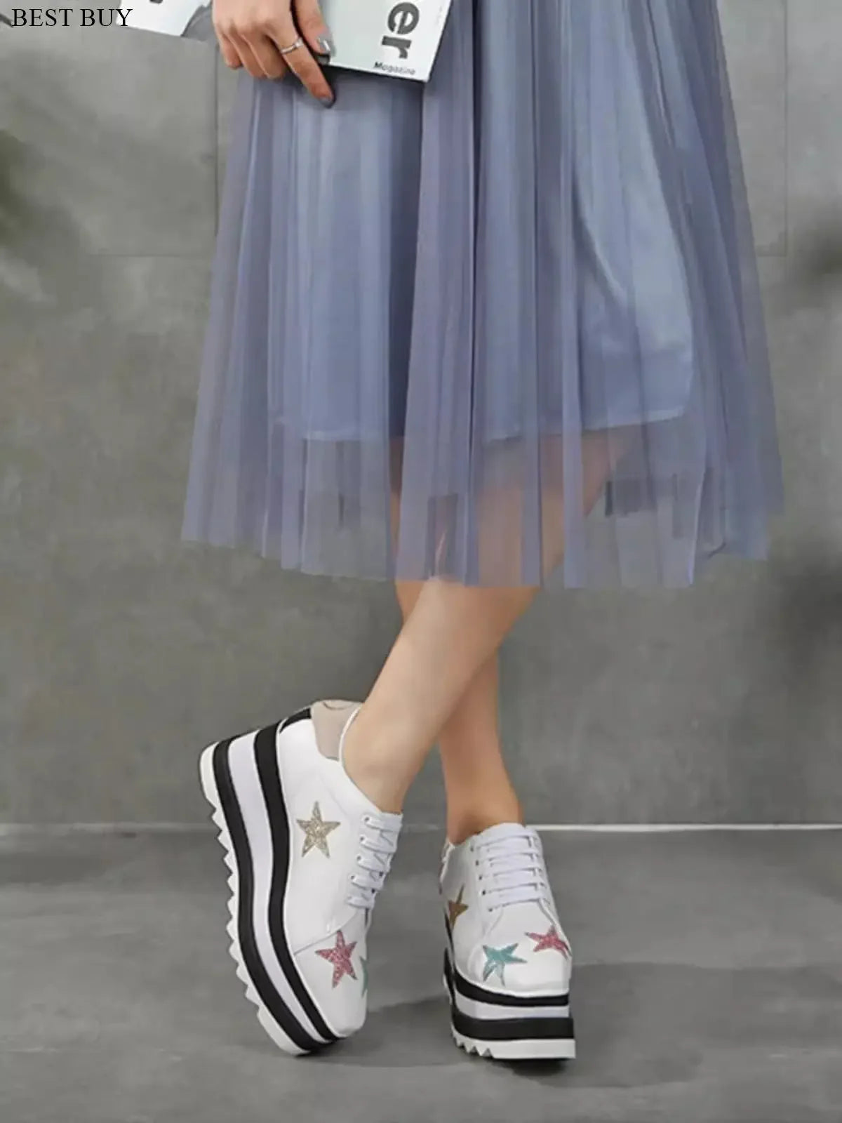 2024 Height Increasing Star Rivet Shoes Classic Platform Rose Gold sneakers Mix Color Square Toe Wedge Shoes Lace Up Lady Shoes