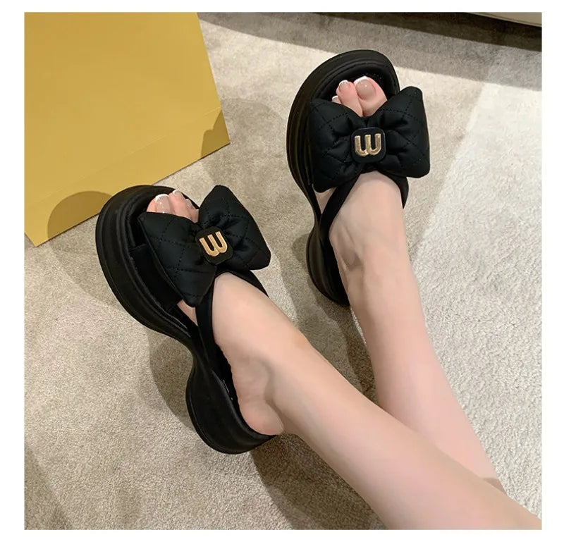 Summer Women's Slippers Designer Platform Slippers Fashion Bow One-Word Slipper 2025 New Casual Beach Slippers for Women Slides