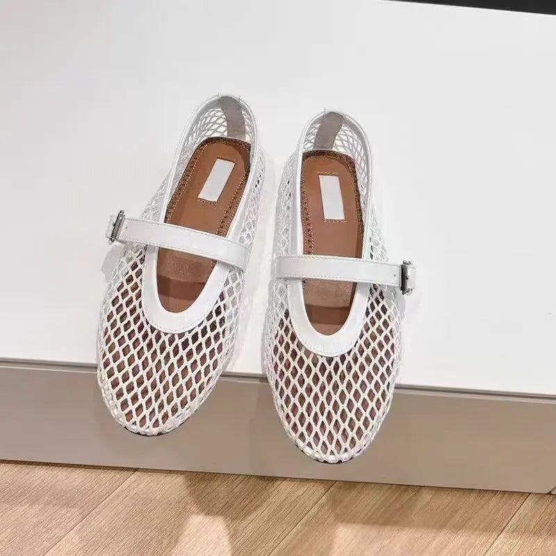 Designer brand original mesh buckle ballet sandals with women's hollow flat bottom Mary Jane mesh fishing net shoes