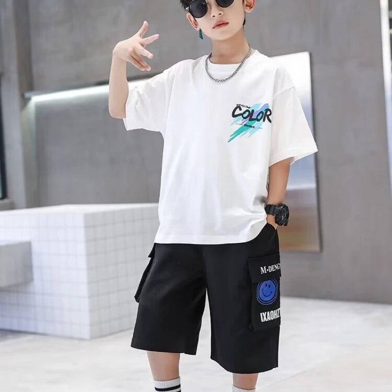 Summer 100% Cotton Boys Blue T-shirt Cool Graffiti Printed Girls Tees Short Sleeve Children Tops High Quality Kids Clothes 2024