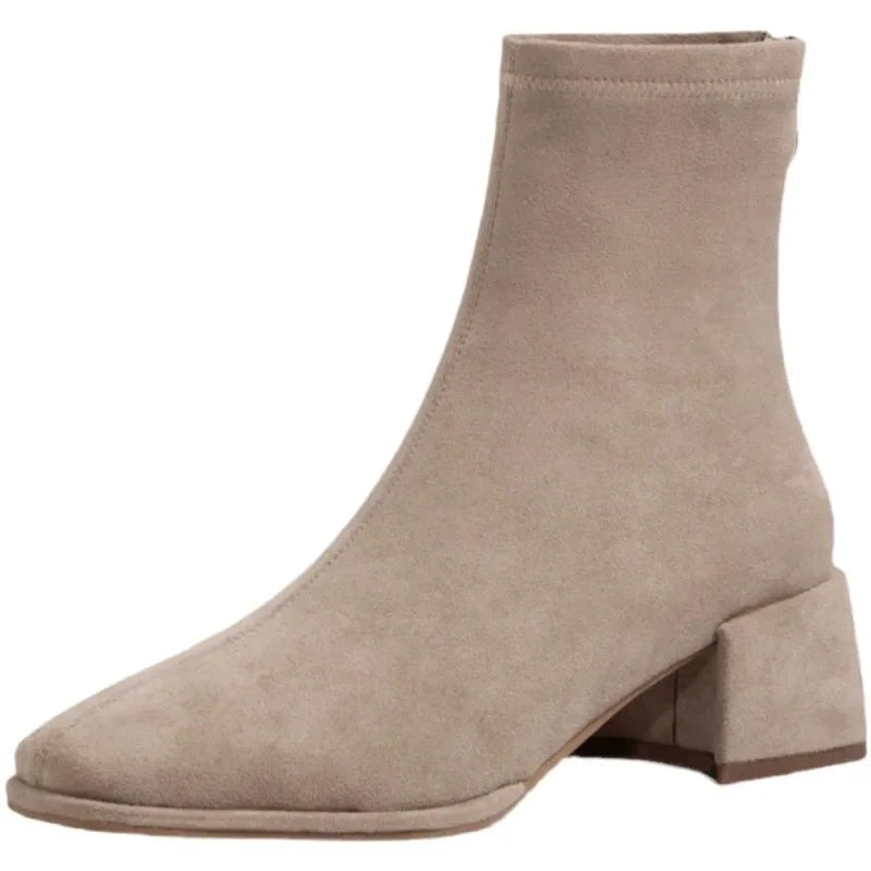 2023 Autumn/Winter New Square Headed Suede Short Boots Women's Boot with Thick Heels and Mid Heel Single Boots