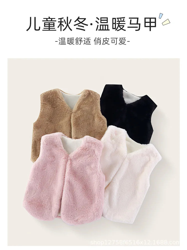 2025 Baby bodysuit Girls' imitation fur vest Children's plush vest Autumn and winter vest Girls' plush thermal vest jacket whole