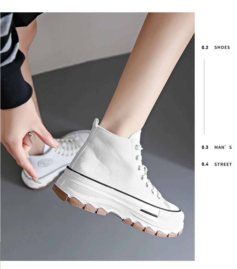 2026Women Canvas Shoes High Top Women's Vulcanize Shoes Lace-Up Casual Ladies Sneakers Plarform Non-slip Round Head Female Shoes