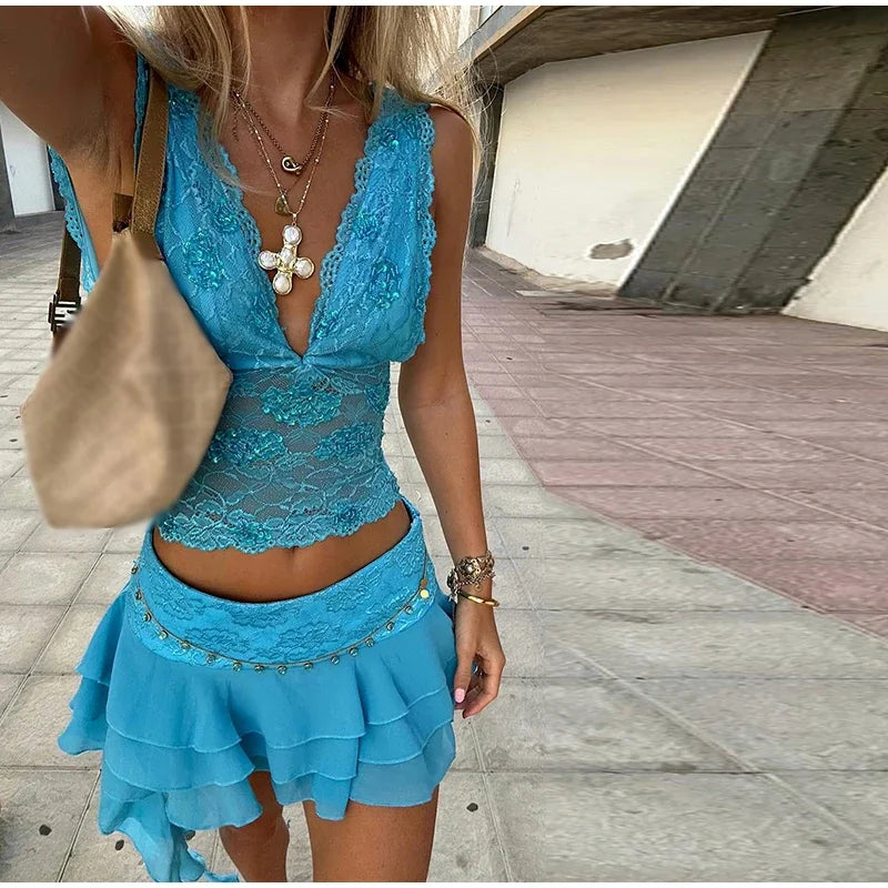 Summer Women 2 Piece Set Deep V Sleeveless Tops + Ribbon Hip Multi Layer Skirt Printed Sexy Suit Seaside Beach Vacation Wear New