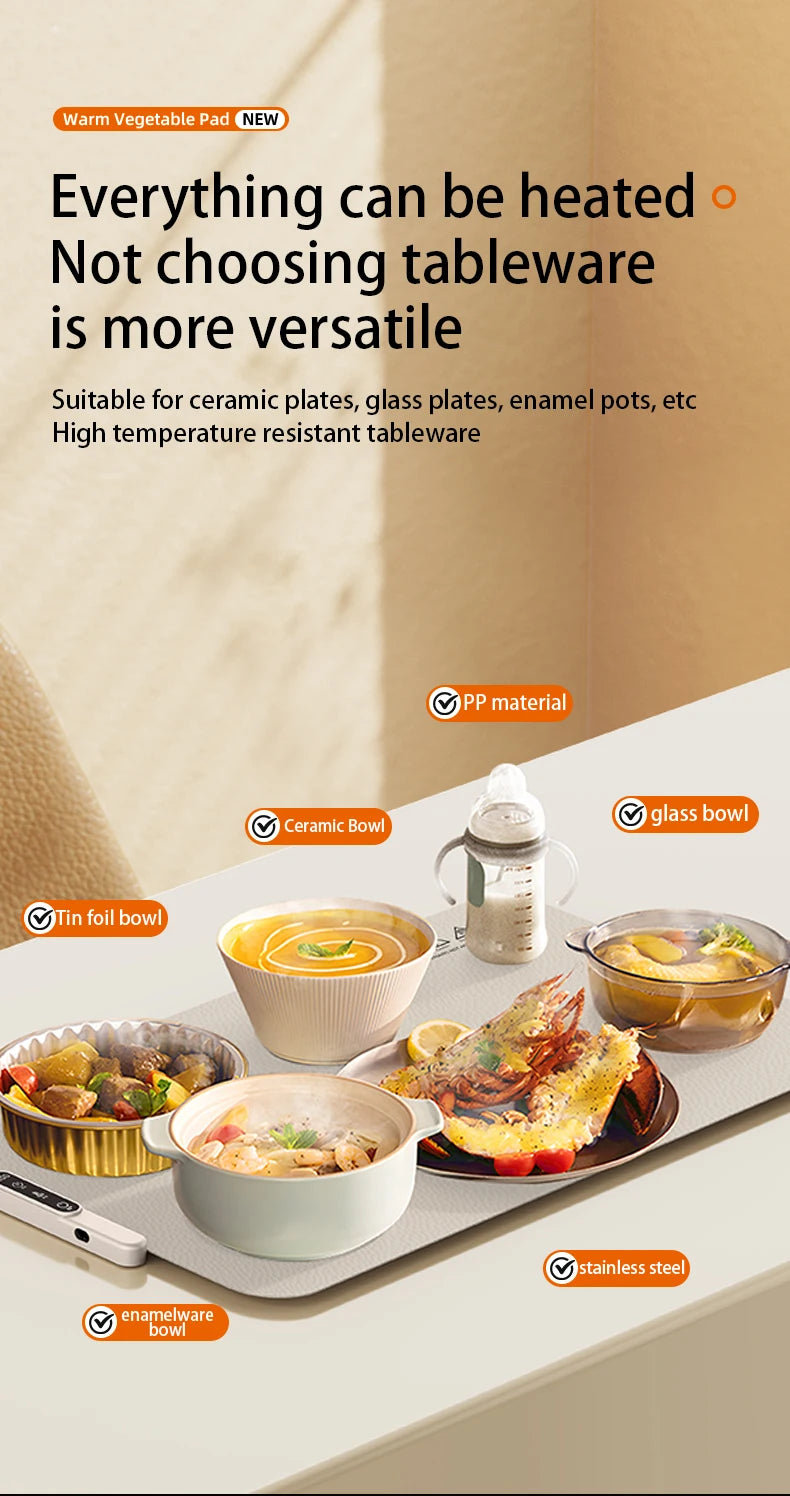 TINSOL Food Warmer Pad Foldable Silicone Heating Pad Portable Meal Cart Insulation Pad 8-Level Temperature Adjustment
