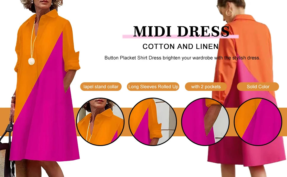 Women's Shirt Dress 2023 Trendy Patchwork Vintage Spot Print Shirt Fall Out Office Dress Loose Casual Lapel Pocket S-5Xl