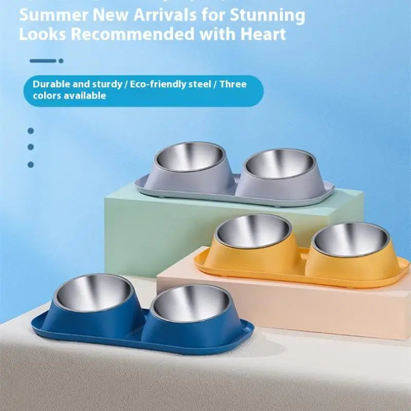 1pc Stainless Steel Double Cat Dog Bowl Cat Food Container Non-slip Base Pet Water Feeder Tilt Safeguard Neck Puppy Cats Bowls