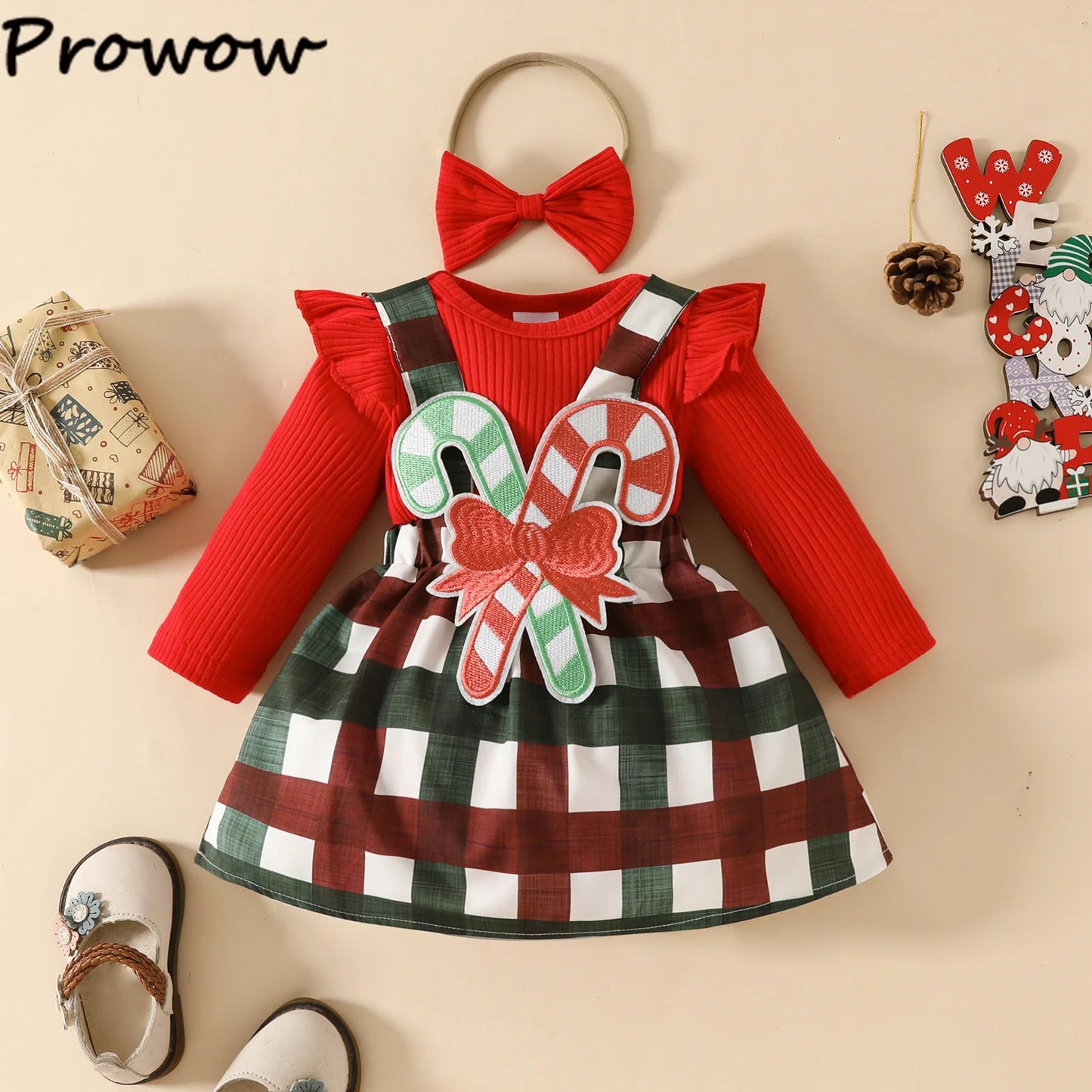 Prowow Baby Girls Christmas Outfits Set Red Bodysuit+Plaid Deer Suspender Dress Set 3pcs My First New Year Costume For Baby 2026