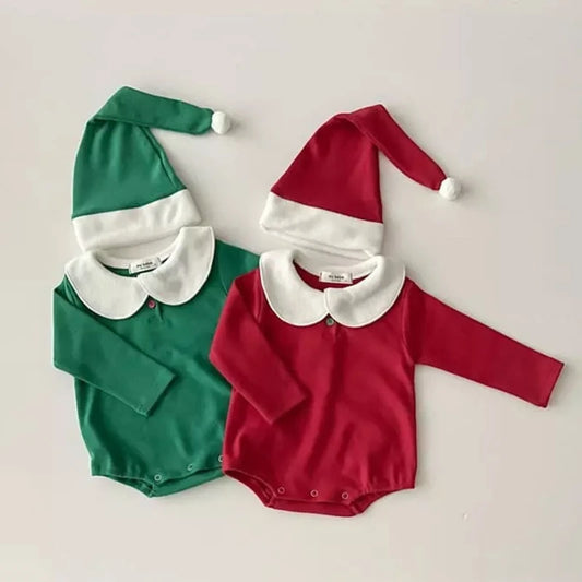 Unisex Baby Cute Triangle Romper with Hat for Christmas Boys  Lapel Collar Long-Sleeve Onesie Girls Comfortable New Year