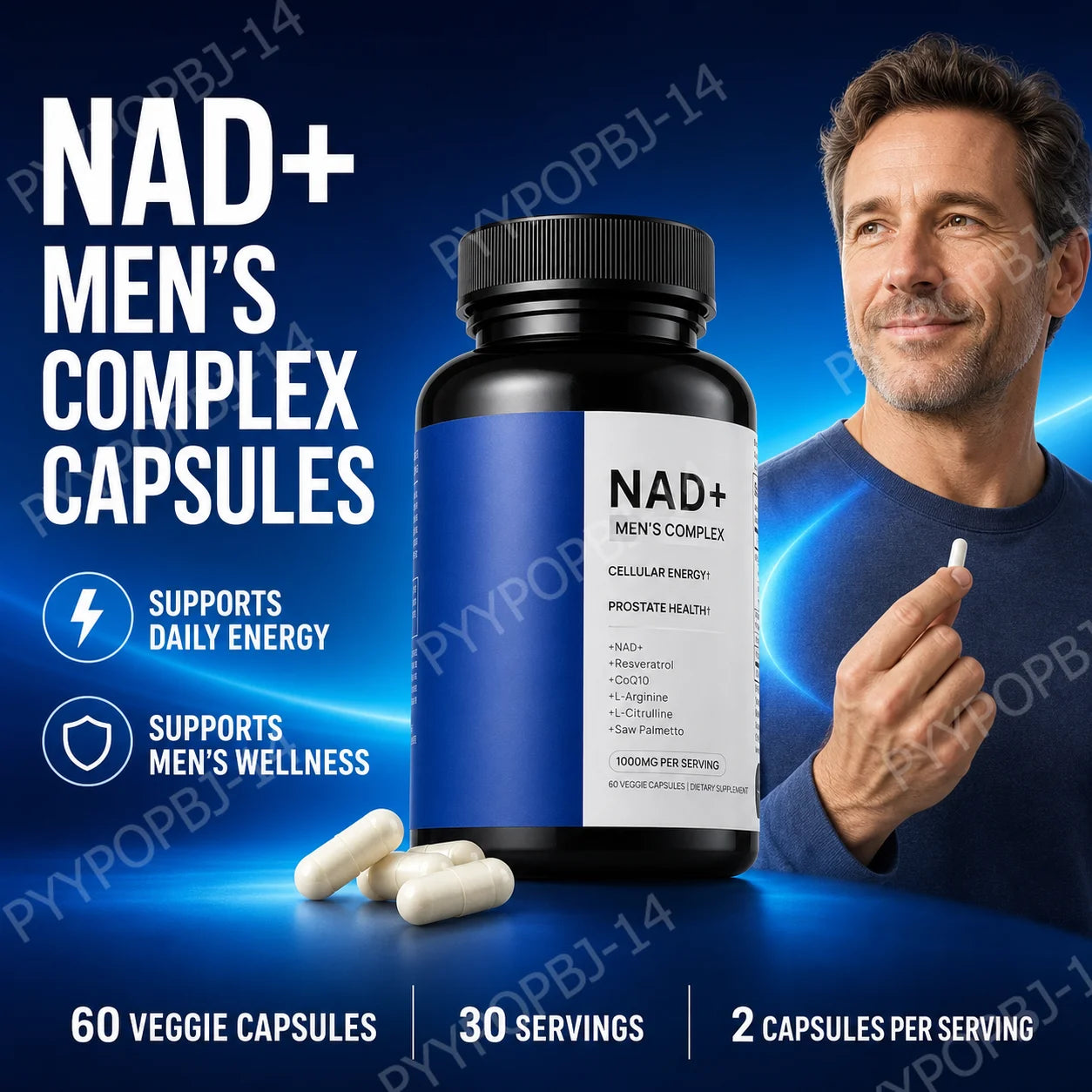 Men's Wellness Complex with NAD+ CoQ10 Resveratrol  L Arginine Daily Energy Vitality Support 60 Veggie Capsules