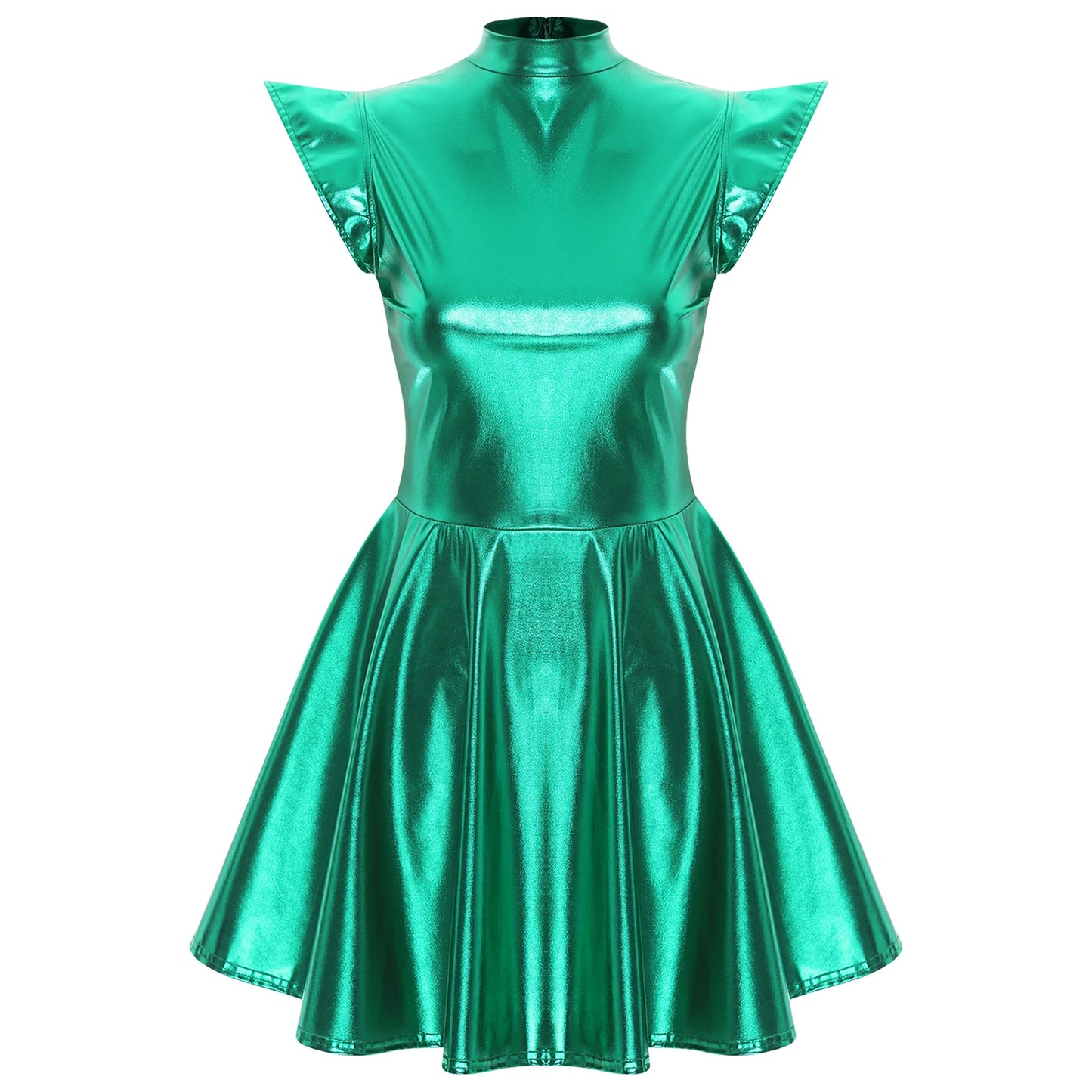 Womens High Waist A-line Dress Shiny Metallic Mock Neck Cap Sleeve Dress Modern Pole Dance Rave Party Bar Club Wear Street Wear