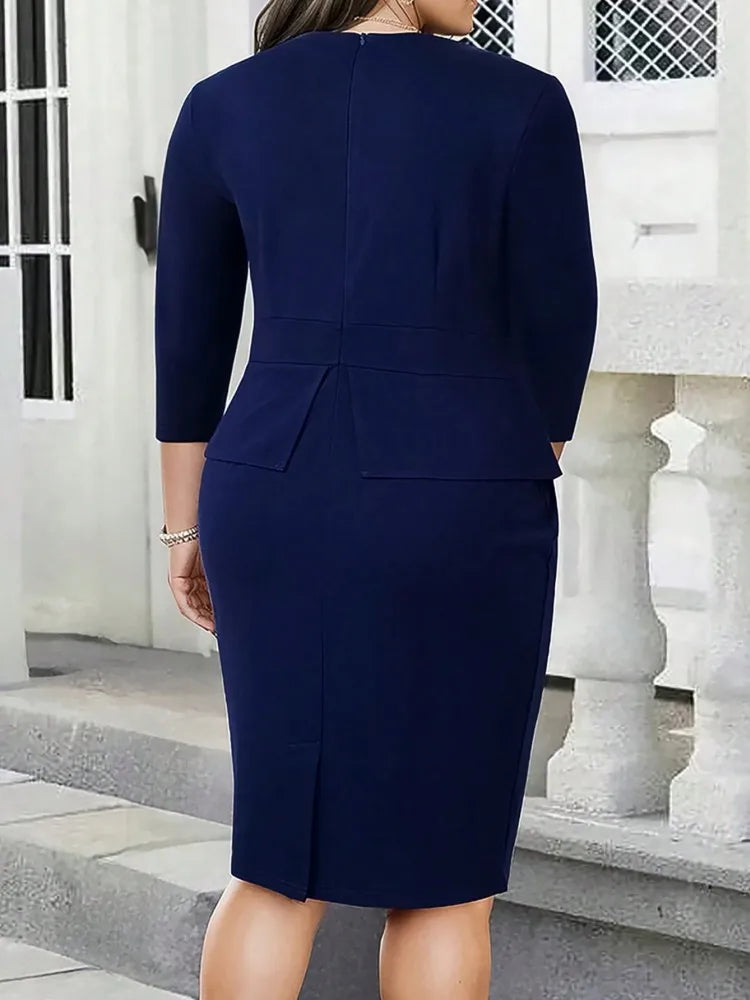 L-4XL Plus Size Elegant Midi Dress 2025 Autumn Winter Women Office Lady Dress Casual 3/4 Sleeve Bandage Robe Oversize Dress