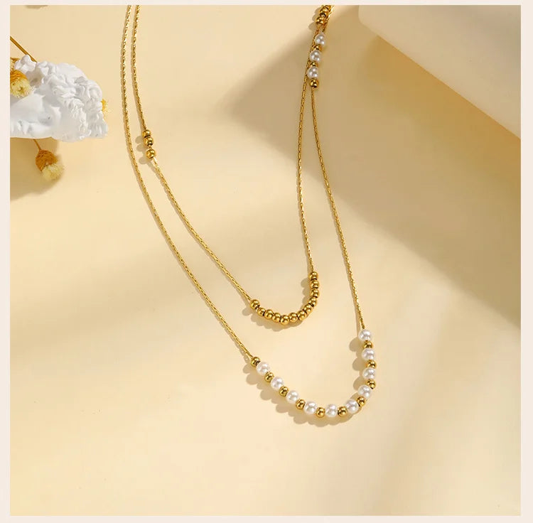 Pearl Choker Necklaces For Women, Double Layered Pearls Chain Necklace, Minimalist Stainless Steel Wedding Jewelry