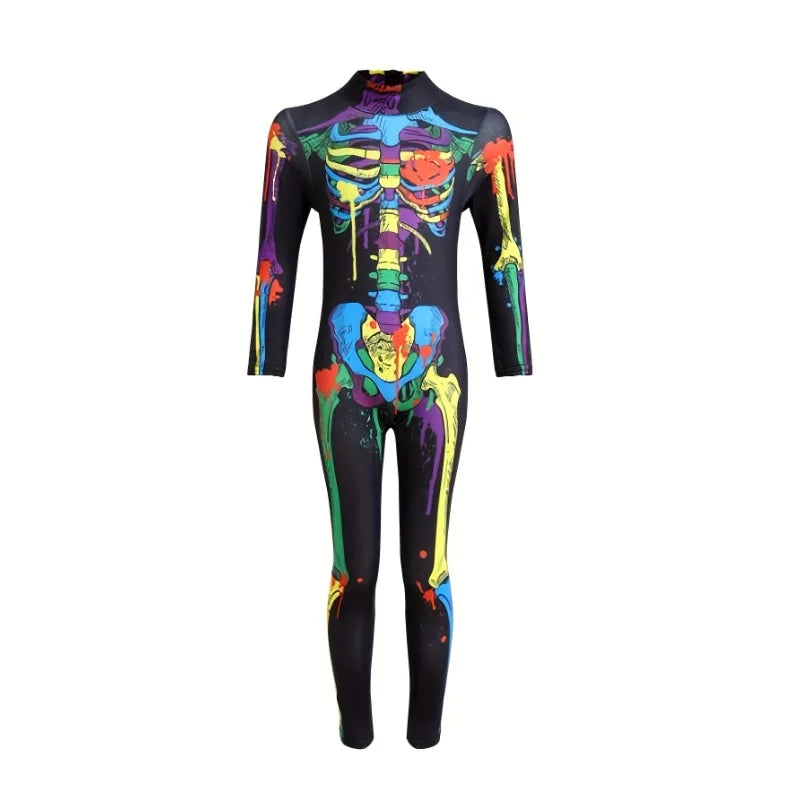 Halloween Party Theme Dress Up Costumes, Girls Long Sleeve Stretchy Fitted Full Color Skull Pattern Printed Women's Jumpsuit