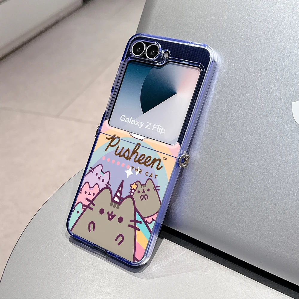 Cute Cartoon Funny Donuts P-Pusheens Cat Phone Case for Motorola Moto Razr 40 50 60 Ultra 5G Semi-transparent Foldable TPU Cover