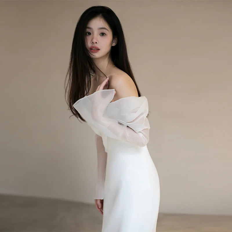 2026 Summer New One Shoulder Satin Light Wedding Dress French Travel Photography Bridal Temperament Simple and Slim Fit Dress