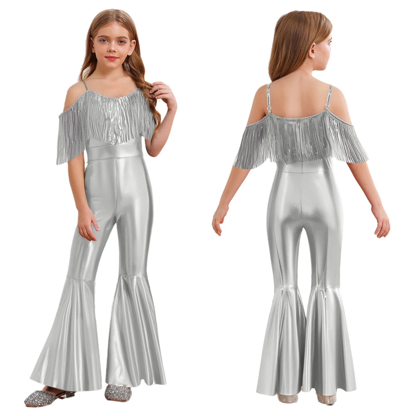 Halloween Kids Girls Hippie Costume Tassels Unitard Bell-bottom Long Pants Bodysuit Jumpsuit for Disco Dance 60s 70s Rave Party