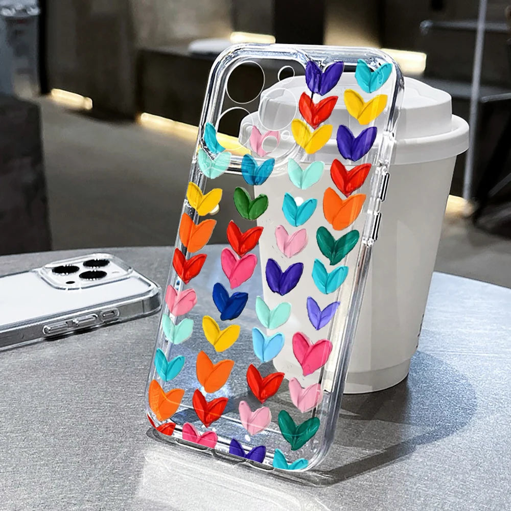 TPU Cute Love Heart Pattern Phone Case For iPhone 17 16 15 14 13 12 11 Pro Max X XS XR 7 8 Plus Shockproof Silicone Clear Cover
