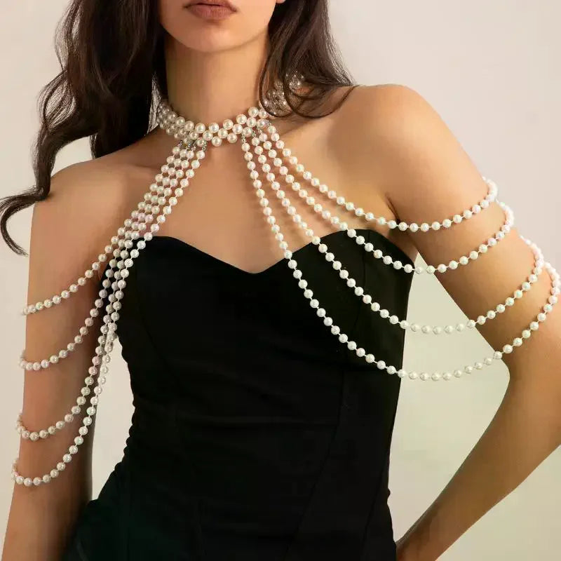 Bridal Tassel Imitation Pearl Shoulder Chain Necklace Elegant Cheongsam Dress Shawl Wedding Jewelry Accessories Gift For Women