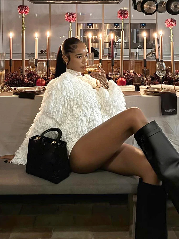 Nibber Street Fashion 2 Piece Set Woman o-Neck Full Sleeve Furry Tassel Sweater+Turtleneck Skinny Romper Causal Elegant Outfits