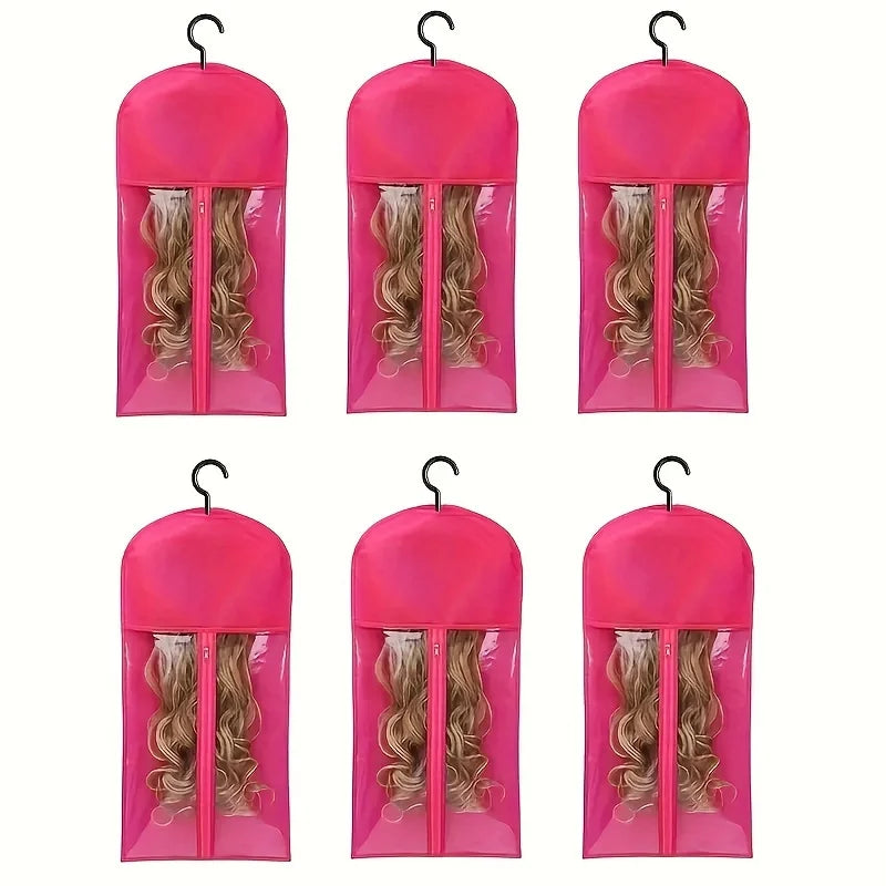 6pcs Long Hair Extensions Storage Bag Non-Woven Dust Proof Wigs Carrier Bags With Plastic Hanger For Home Salon Organizer