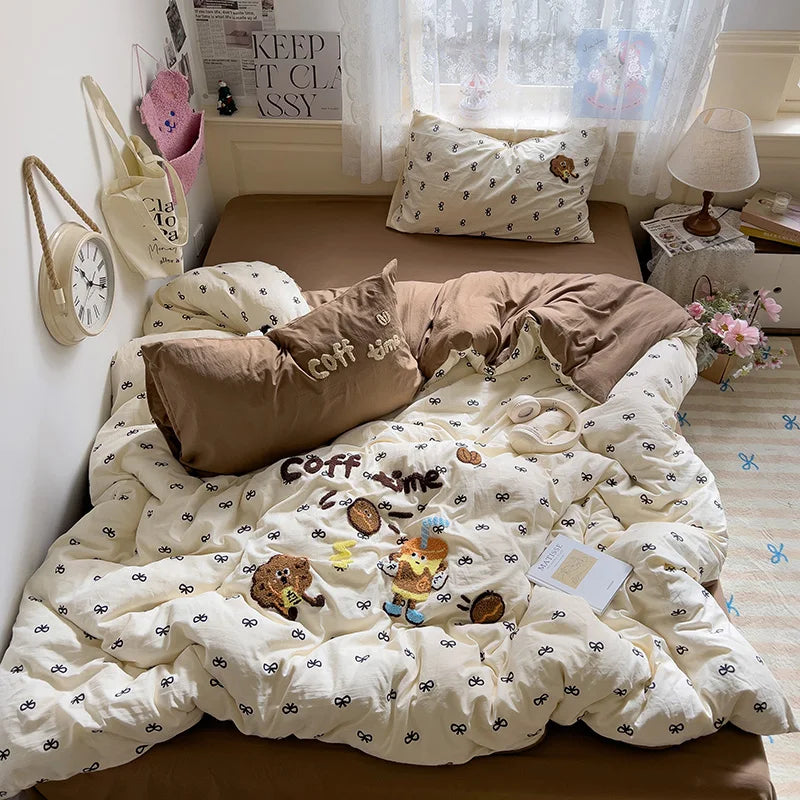 Cartoon Animal Embroidery Bedding Set For Adults Kids Cute Flat Fitted Sheet With Pillowcases Washed Cotton Colorful Full Size