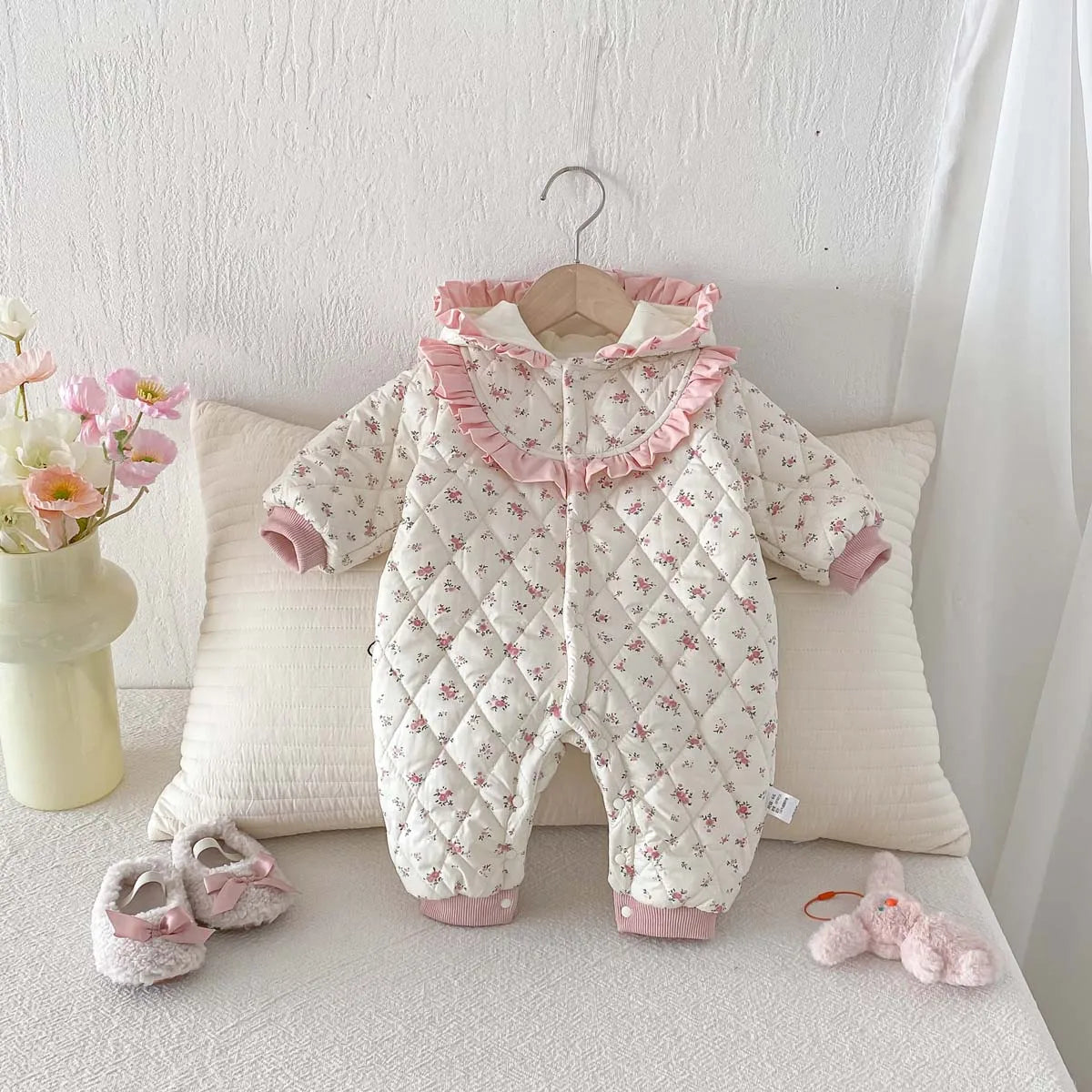 Baby Girl Winter Sweet and Cute Floral Cotton Padded Hooded Jumpsuit, Baby Girl Warm and Comfortable Long Sleeve Cotton Padded Jumpsuit