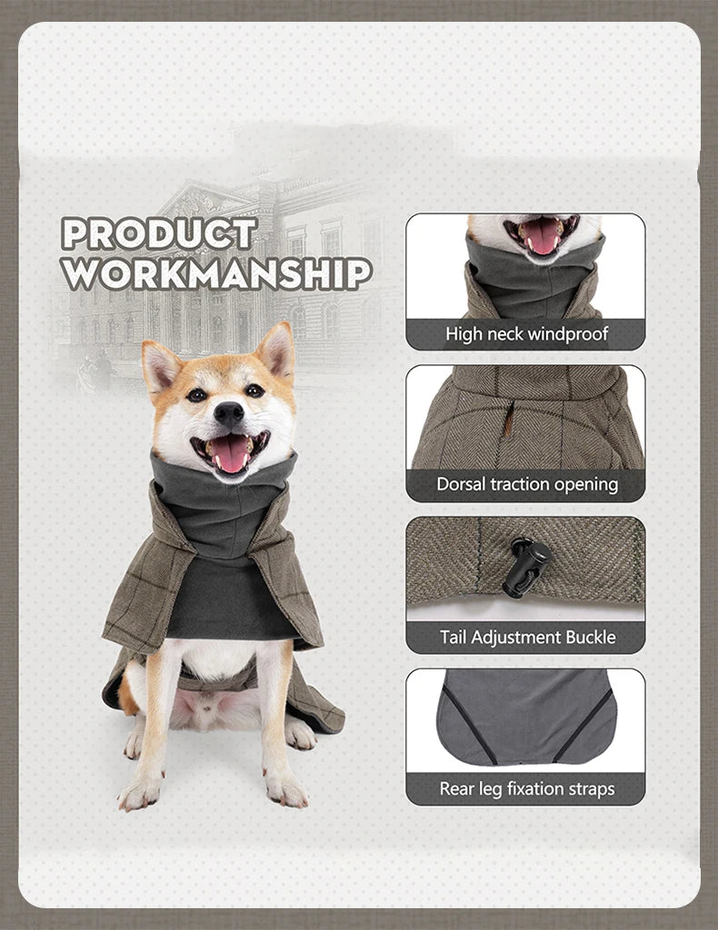 Thickened British Style Luxury Designer Dog Clothes High-neck Fashionable Plaid Dog Jacket with Leash Hook Large Dogs Dresses