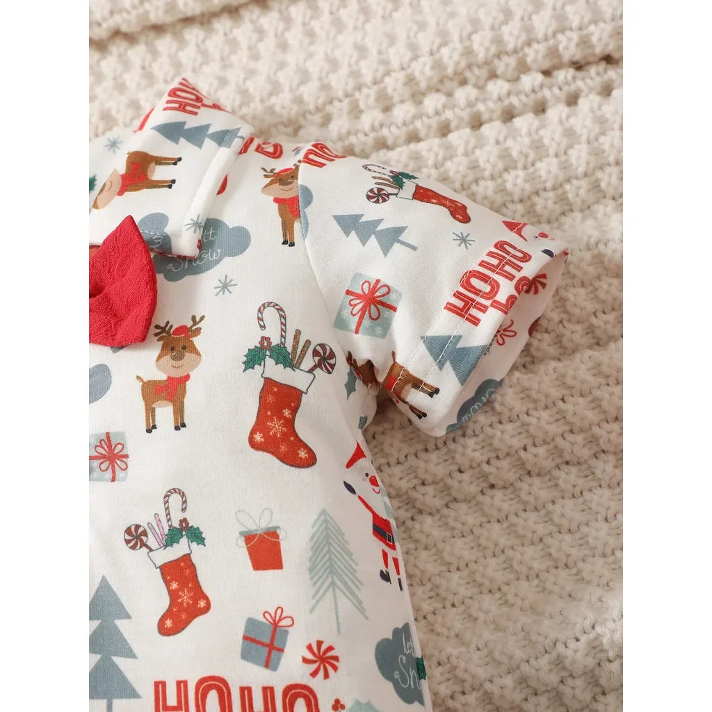 2PCS Newborn Baby Boy Christmas Clothing Set Short Sleeve Christmas Bodysuit+Overall Cute Holiday Party Wear for Baby 0-18Months