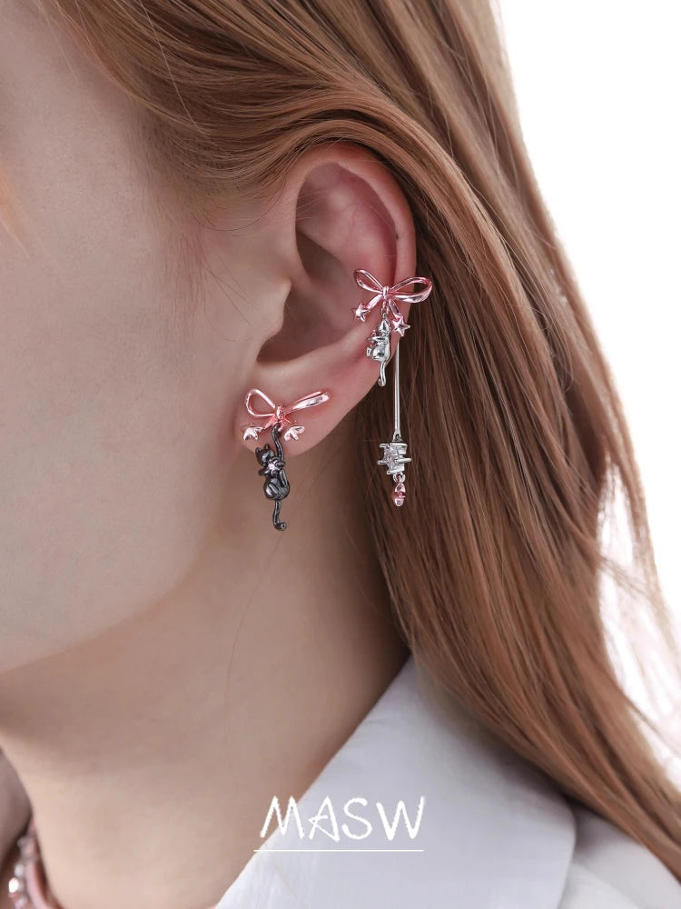 MASW Original Design Luxury Temperament Pink Bowknot Cats Earrings For Women 2025 Trend New Fashion Jewelry Accessories
