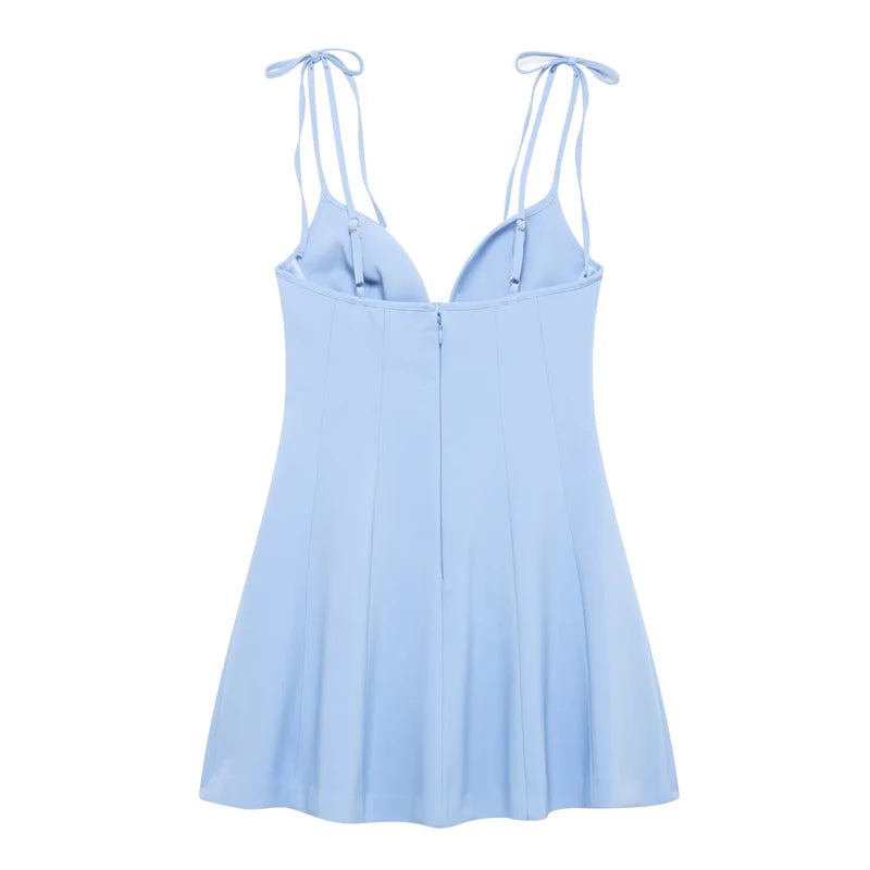 HXAO Bow Short Dresses for Women Blue Thin Straps Backless Sleeveless Women's Dresses Casual Sexy Lady Dress Elegant Party Dress