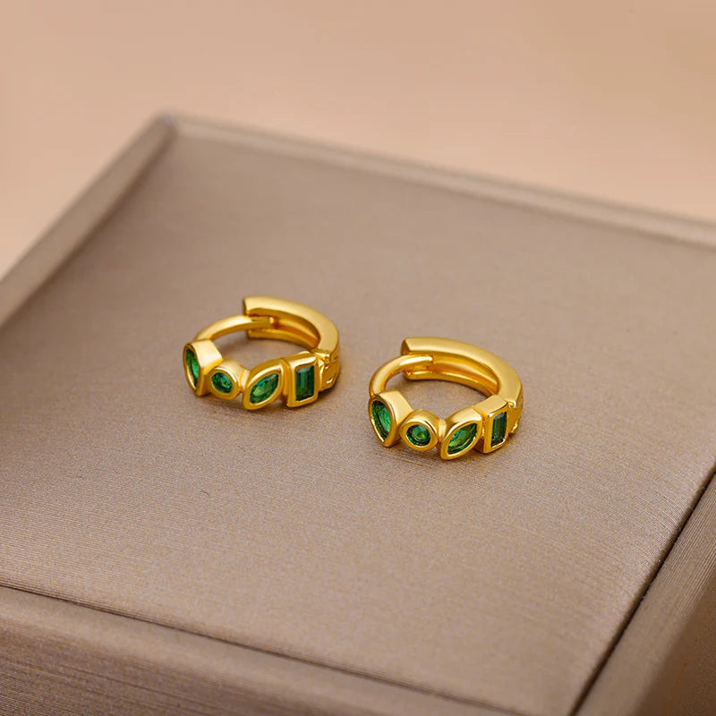Mini Small Green Zircon Waterdrop Hoop Earrings for Women Gold Plated Stainless Steel Earrings Aesthetic Jewelry Wedding Gift