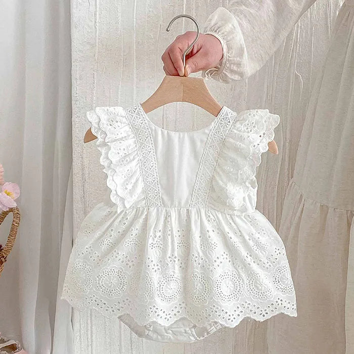 2025 New Summer Korean Style Climbing Suit Flying Sleeve Cotton Lace Splicing Toddler Baby Girls Jumpsuit 0-24M Baby Clothing