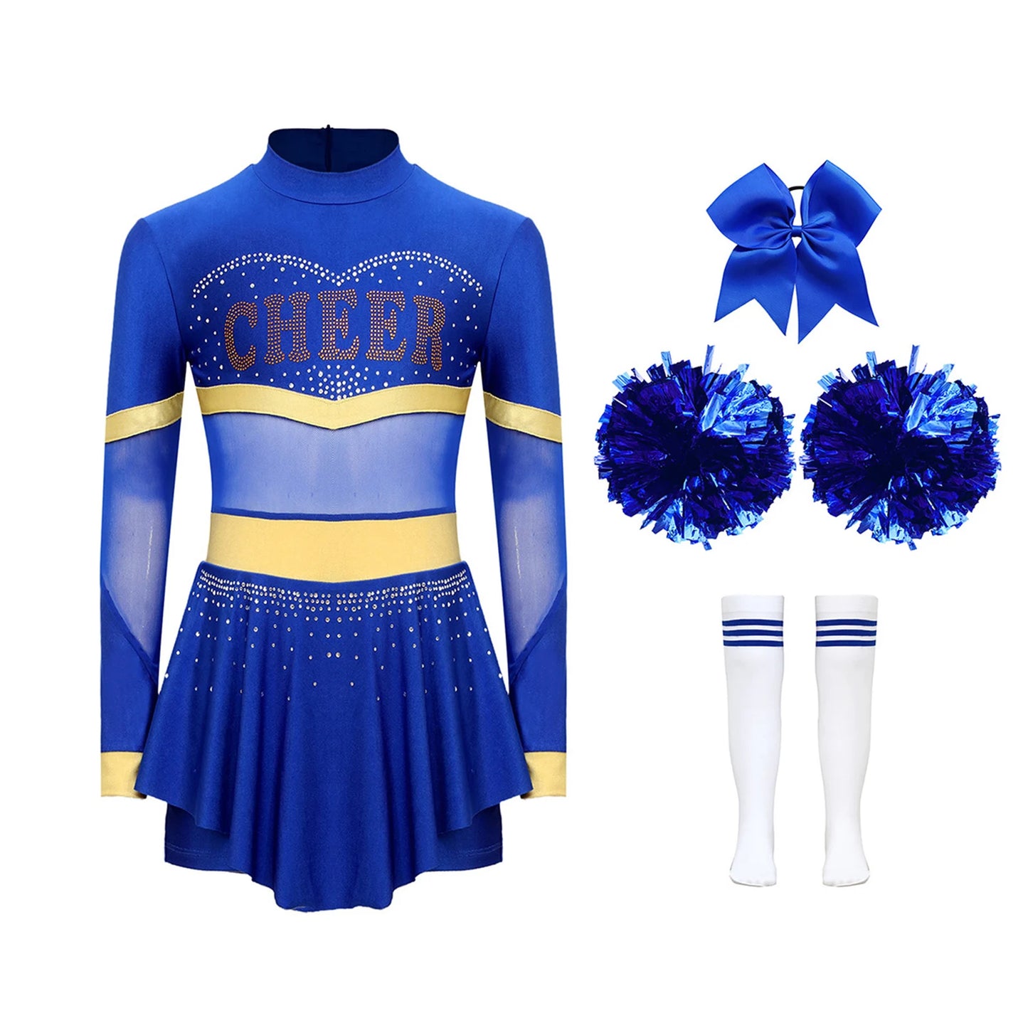 Girls Cheerleader Costume Long Sleeve Cheerleading Uniform Children Cheer Dance Dress Hand Flower Socks Stage Dancewear Sets