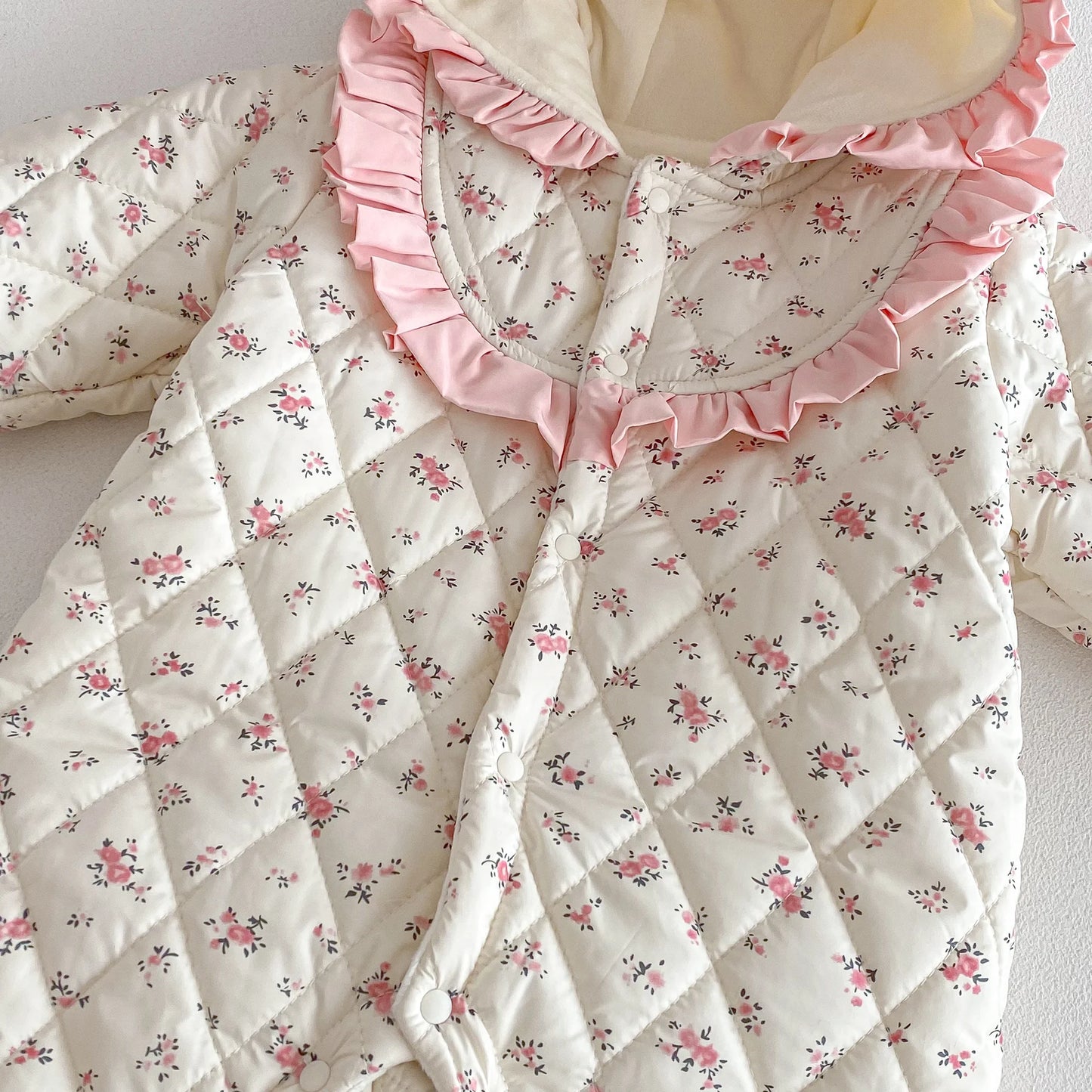 Baby Girl Winter Sweet and Cute Floral Cotton Padded Hooded Jumpsuit, Baby Girl Warm and Comfortable Long Sleeve Cotton Padded Jumpsuit