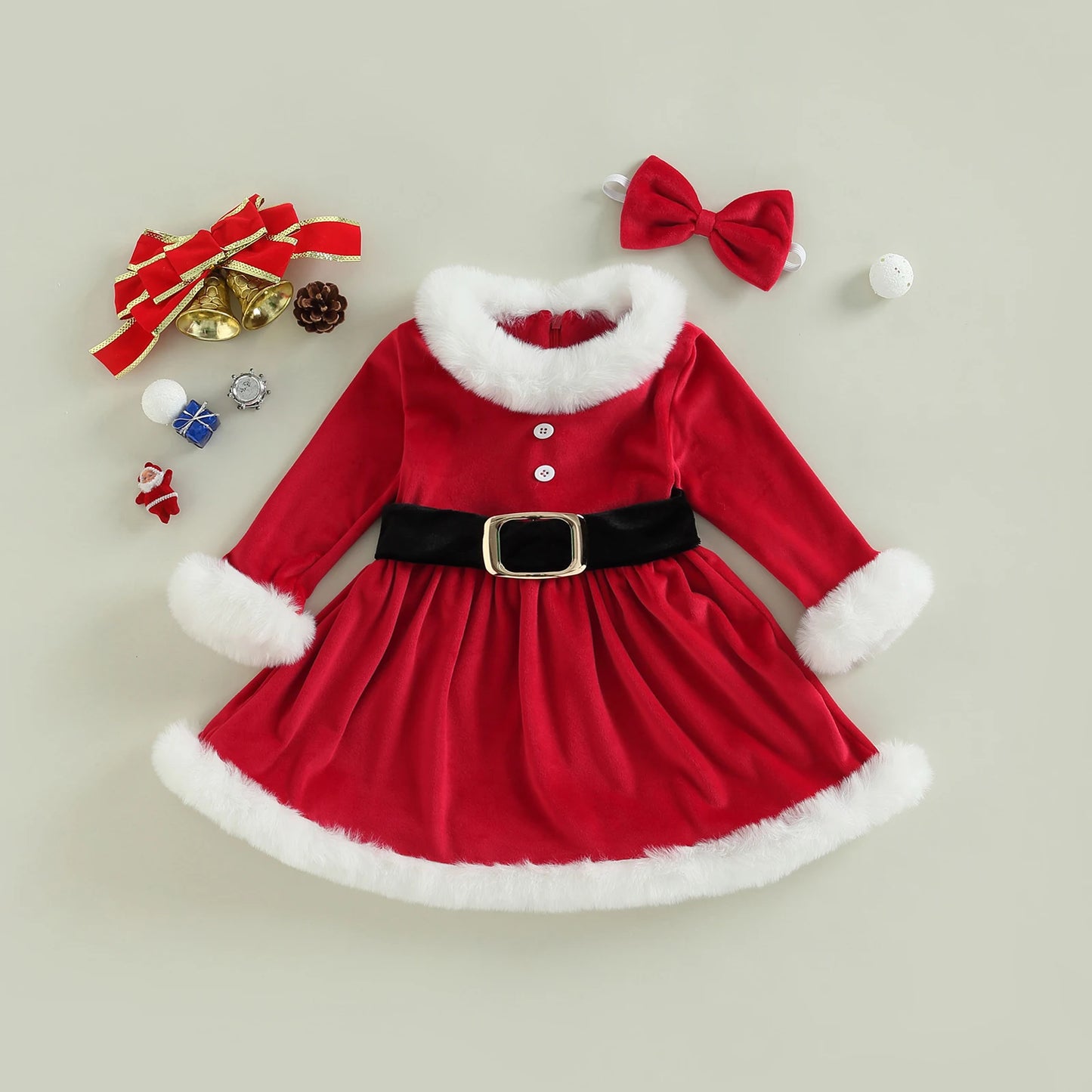 ma&baby 1-6Y 2024 Christmas Toddler Kids Girls Red Dress Plush Ruffle Velvet A-line Party Dresses +Bow Headband Xmas Costumes
