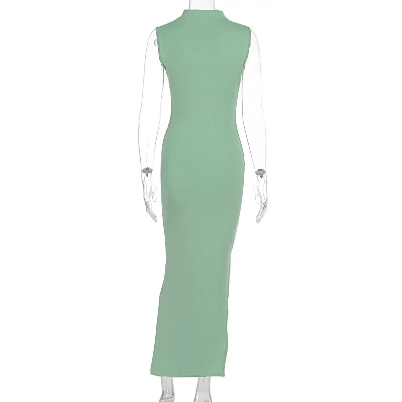 YUZHEXI elegant sleeveless ruched midi dress women commuter bodycon solid color robe black red pink split clothes summer