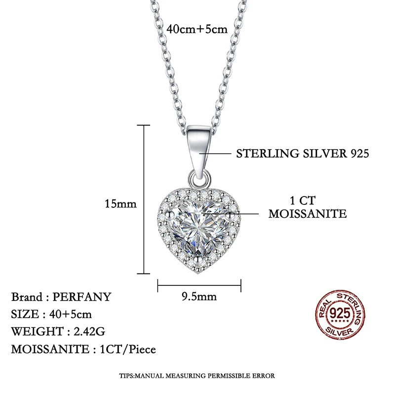 PERFANY 1CT Heart Cut Moissanite Necklace for Women S925 Pure Silver Sparkling Diamond Pendant Fashion Jewelry Party Gift
