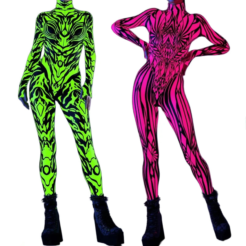 Halloween Costumes for Women 3D Abstract Print Full Body Jumpsuit Sexy Skinny High Neck Zentai Suit for Carnival Cosplay